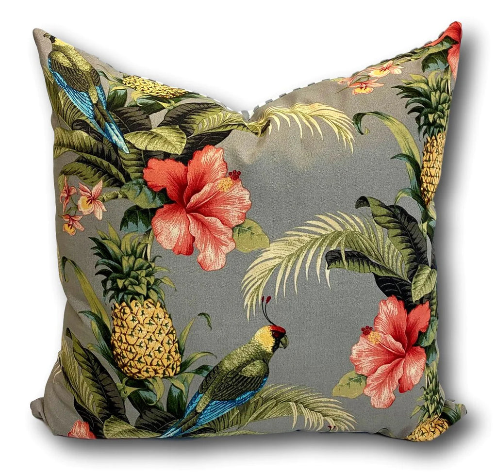'Parrots' in Feather Grey Cushion