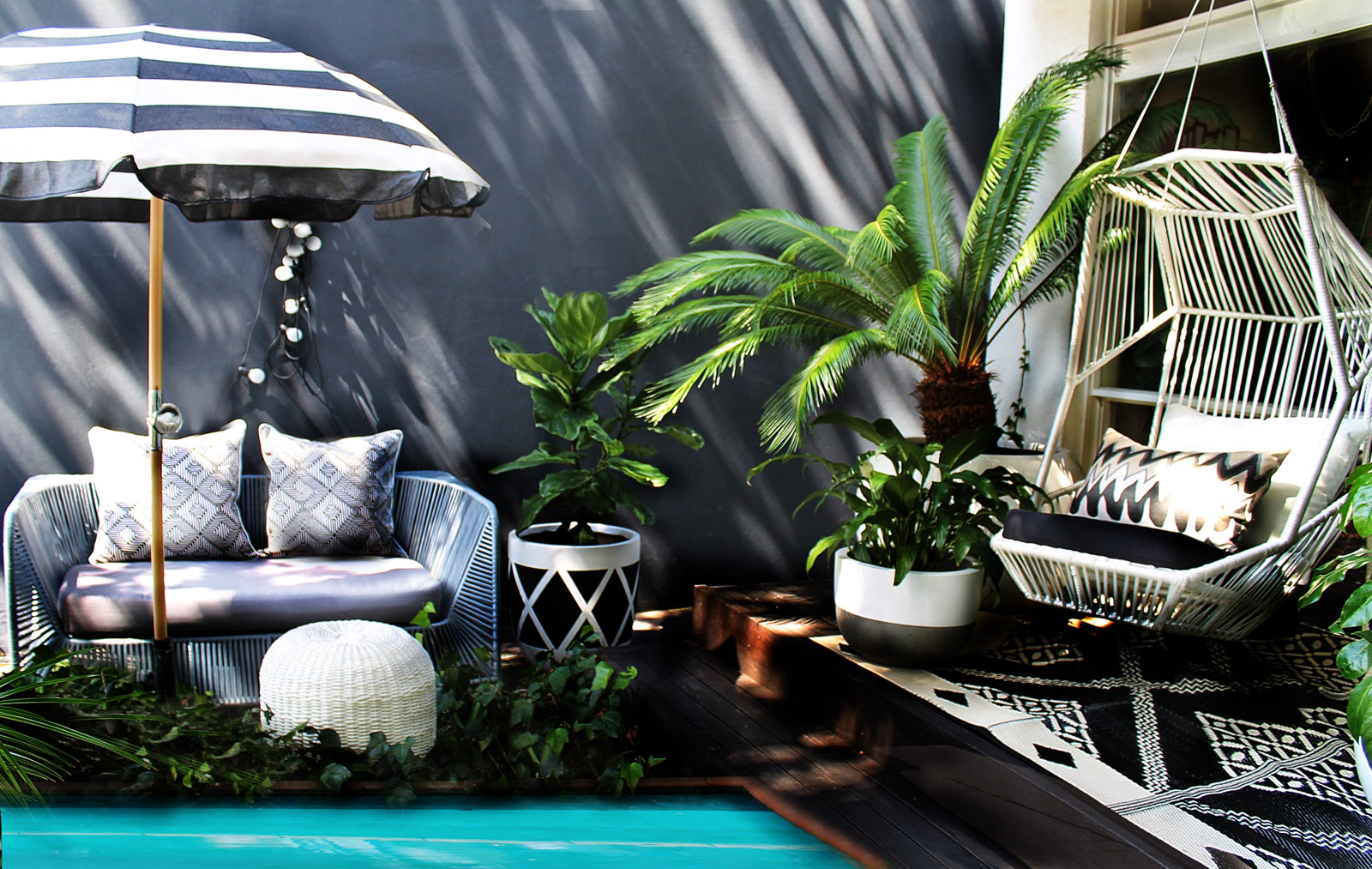 bright green plants in a small garden with pool and chair swing