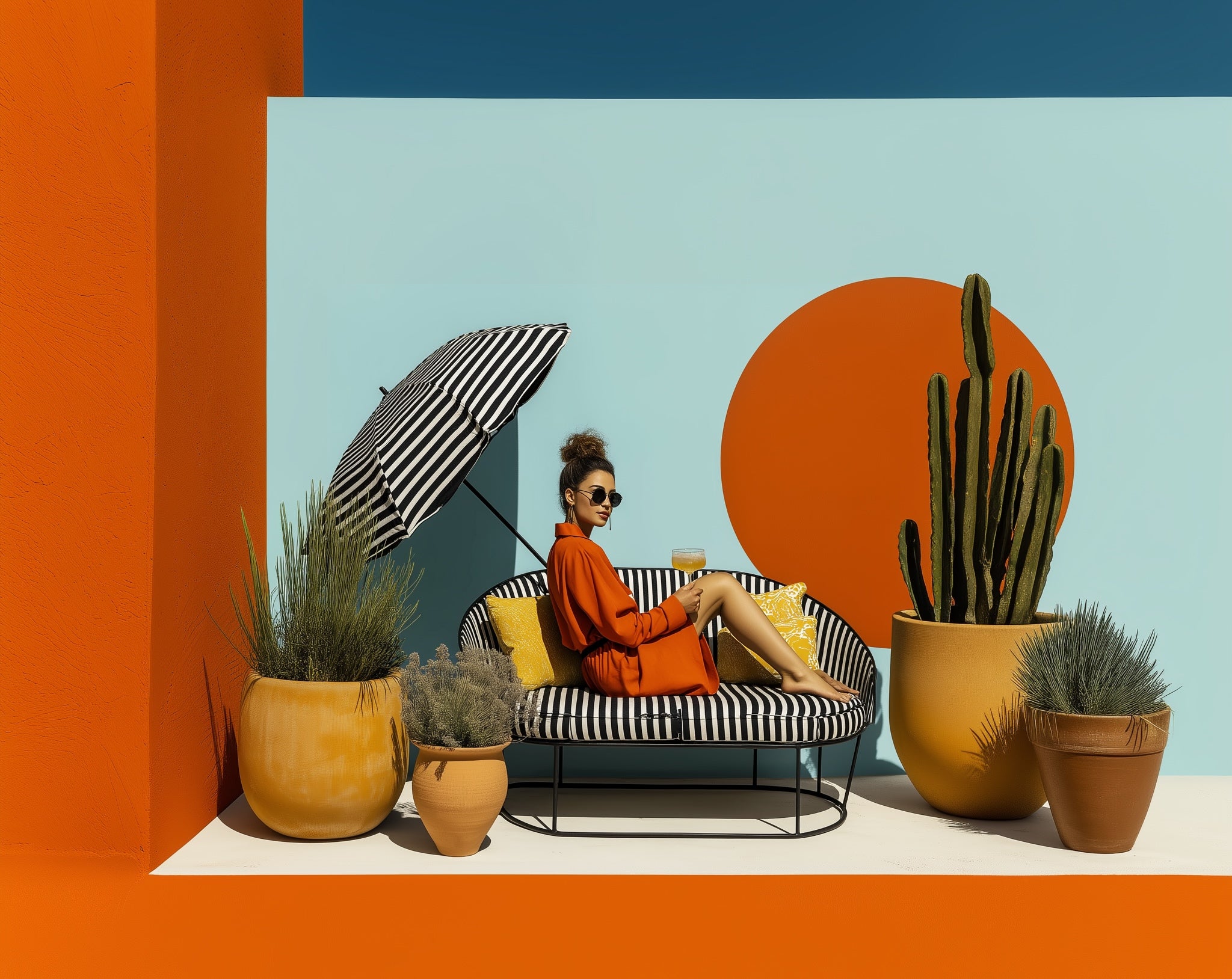 Woman sitting on a striped sofa under a black and white umbrella with potted plants and a colorful background.